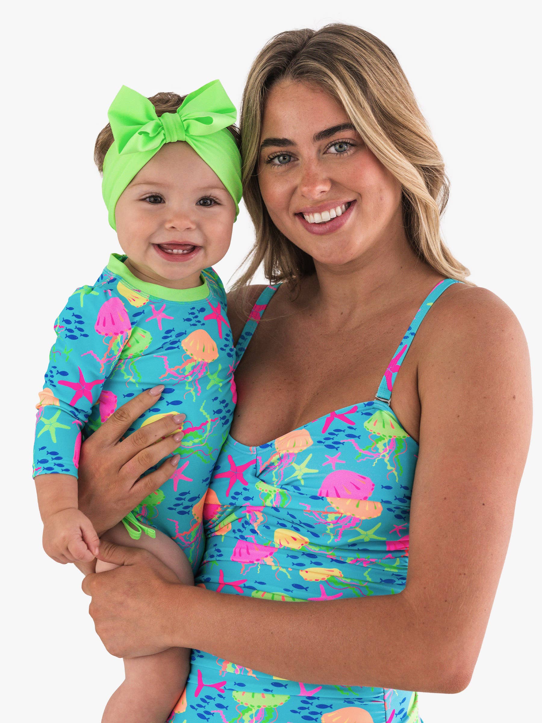 RuffleButts + RuggedButtsLong Sleeve One Piece Rash Guard Swimsuit - Neon Jelly Time - Image 3