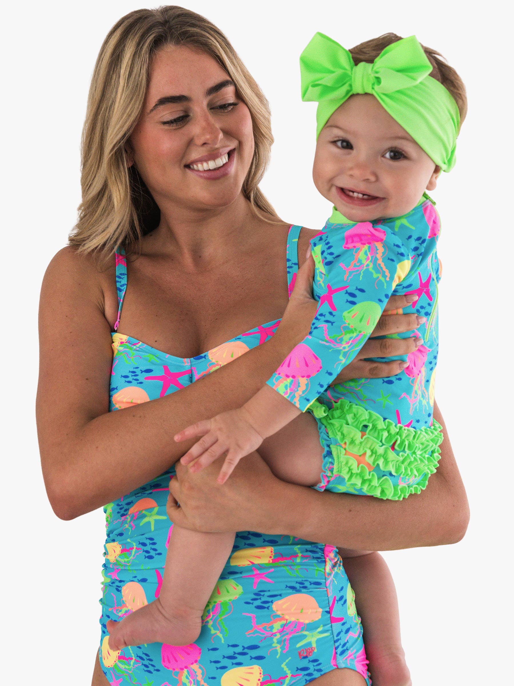 RuffleButts + RuggedButtsLong Sleeve One Piece Rash Guard Swimsuit - Neon Jelly Time - Image 5