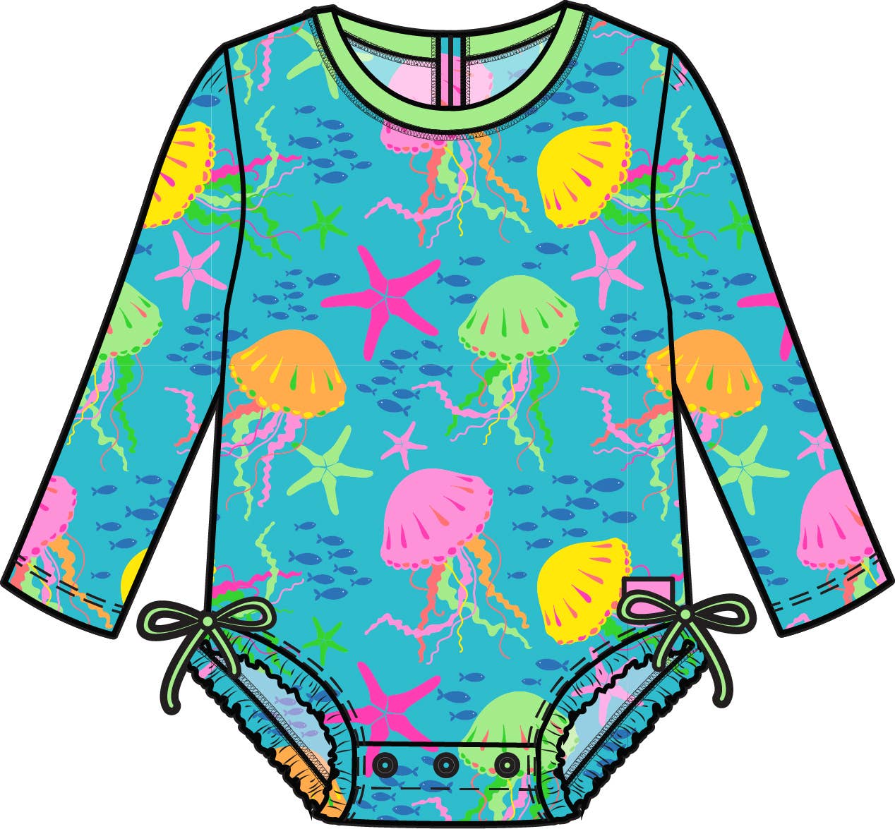 RuffleButts + RuggedButtsLong Sleeve One Piece Rash Guard Swimsuit - Neon Jelly Time - Image 9
