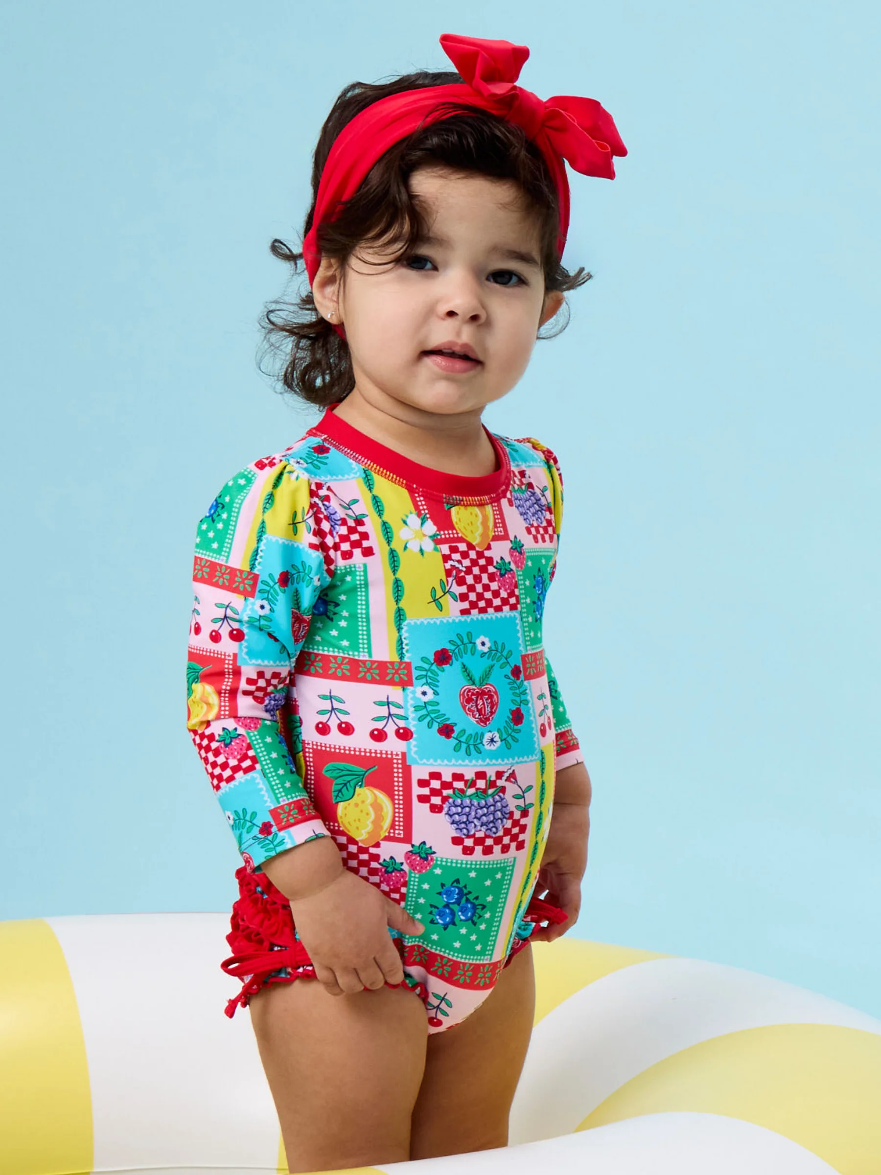 RuffleButts + RuggedButts Long Sleeve One Piece Rash Guard Swimsuit - Picnic Party Patchwork - Image 3