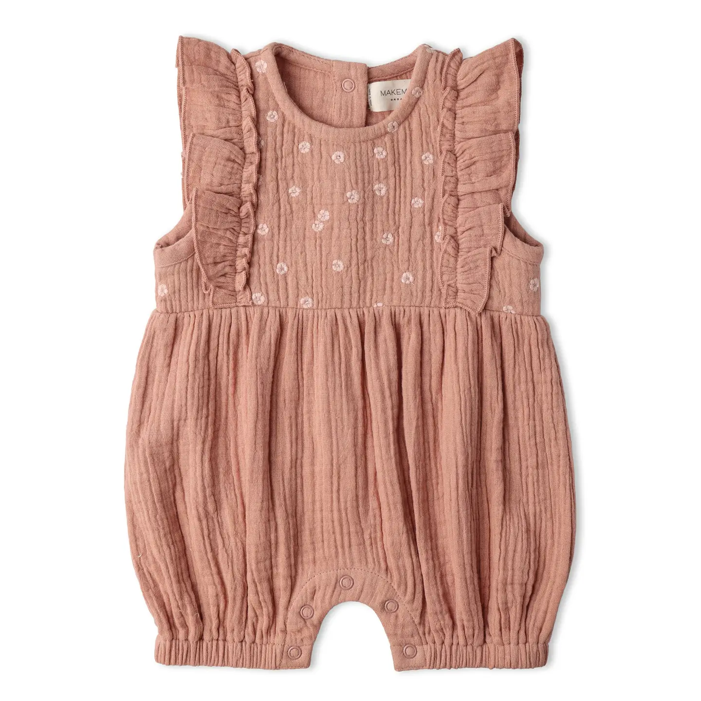 Makemake Organics Embroidered Ruffler Romper - Clay