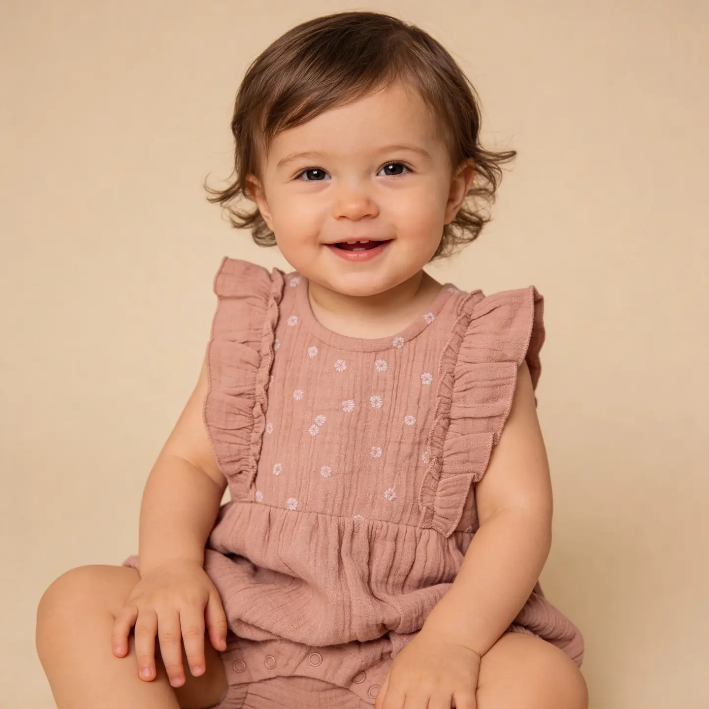 Makemake Organics Embroidered Ruffler Romper - Clay - Image 2