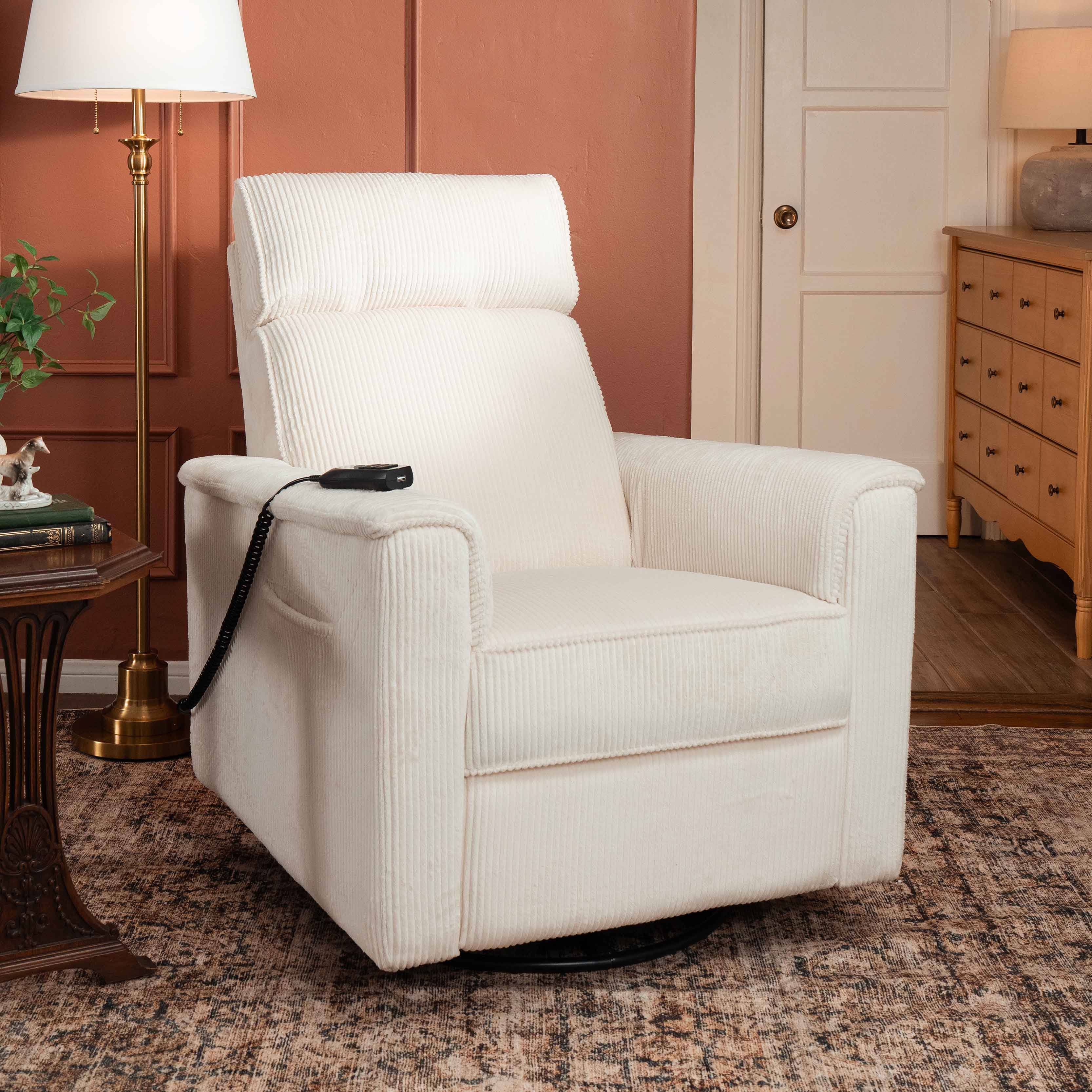 Monogram by Namesake Willa Deluxe Power Recliner and Swivel Glider with Heat + Massage | Ivory Corduroy - Image 2